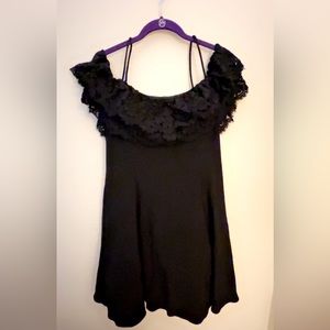 Black, off the shoulder, lace fringe trim dress